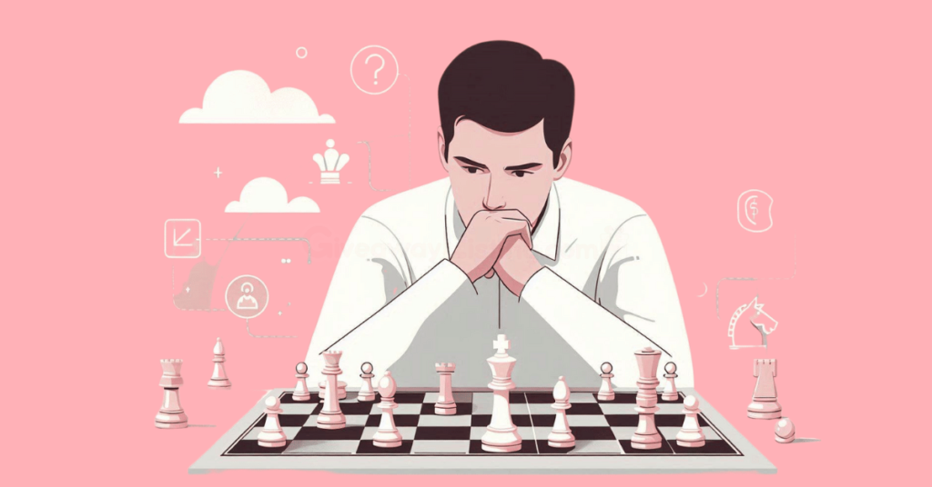 a chess player contemplating their next move on a board where the pieces are replaced with tap2earn game elements.
