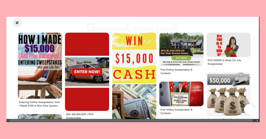 a screenshot of some free sweepstakes on Pinterest. 