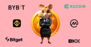 a female hamster dressed in a suit, with logos of crypto exchnges around her, representing Hamster Kombat exchange listing