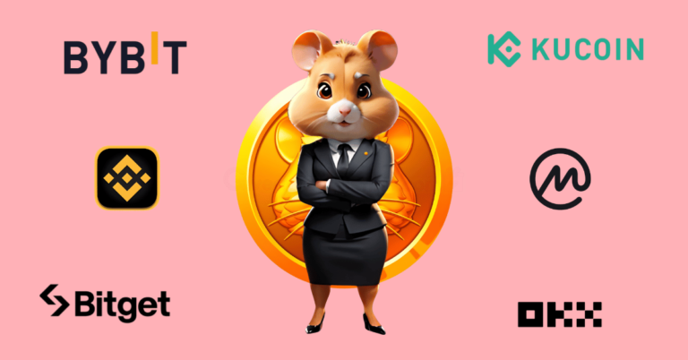 a female hamster dressed in a suit, with logos of crypto exchnges around her, representing Hamster Kombat exchange listing