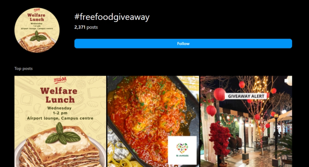 screenshot of free food giveaways list on Instagram. 