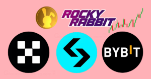 Rocky Rabbit gold coin surrounded by OKX, Bitget and Bybit logos.