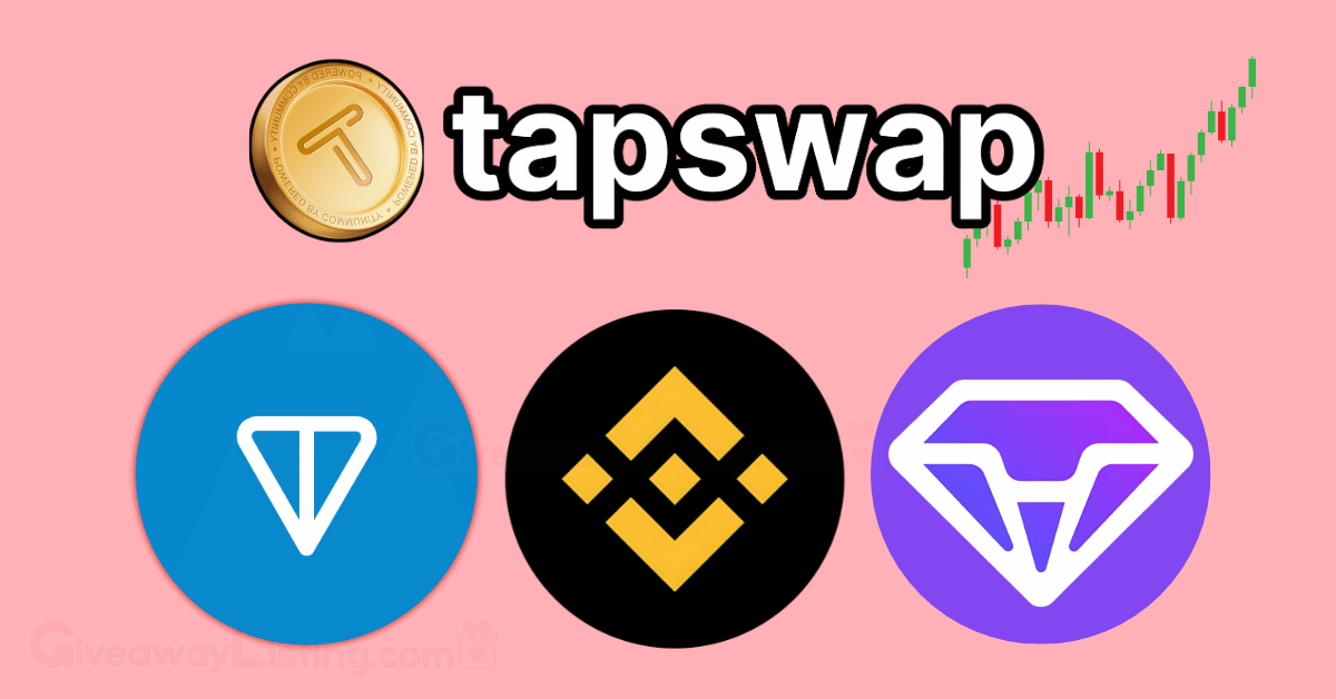 Tapswap logo with TON, TON Hub lost and Binance logos and trading candlesticks hovering aound them in a light pink background.