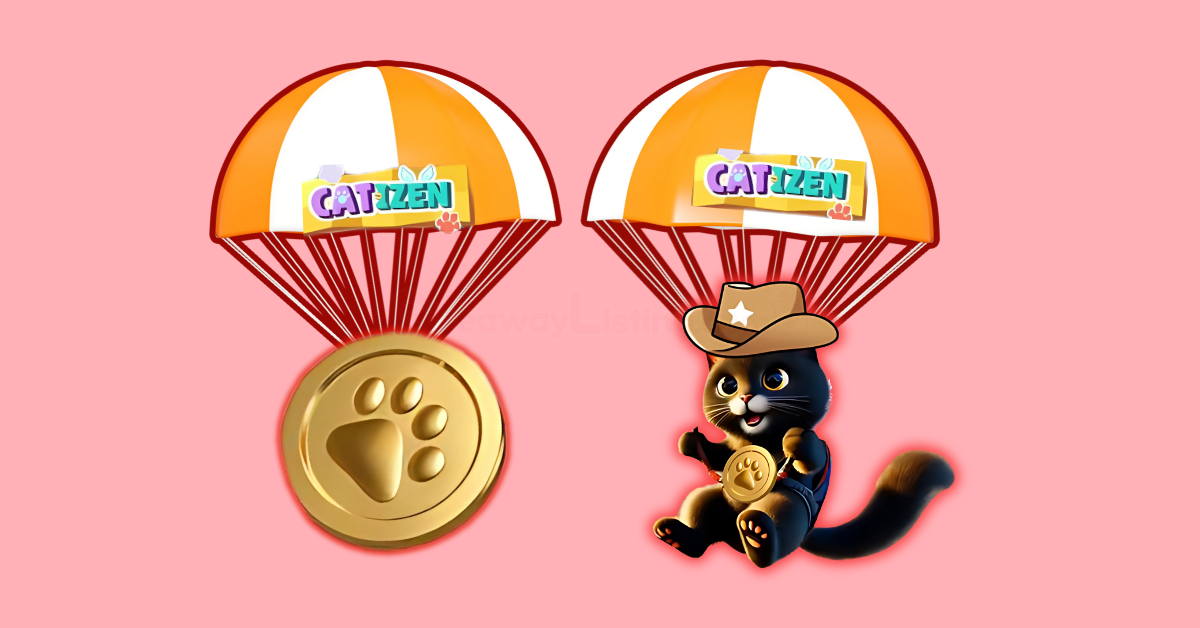 Catizen Airdrop featured image showing a Catizen cat, a Catizen token and two parachutes representing the airdrops.