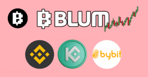 Blum logo with binance, kucoin and bybit logos, Blum logos in Black and white, red and green candle sticks representing Blum exchange listing.