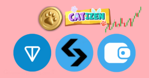 the Catizen coin and logo with TON, Bitget, and Wallet logos.