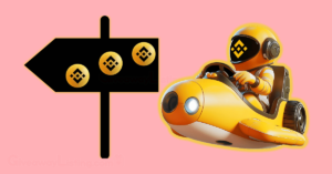 Binance Moonbix game character on a rocket flying towards a sign post with the Moonbix logo on it.