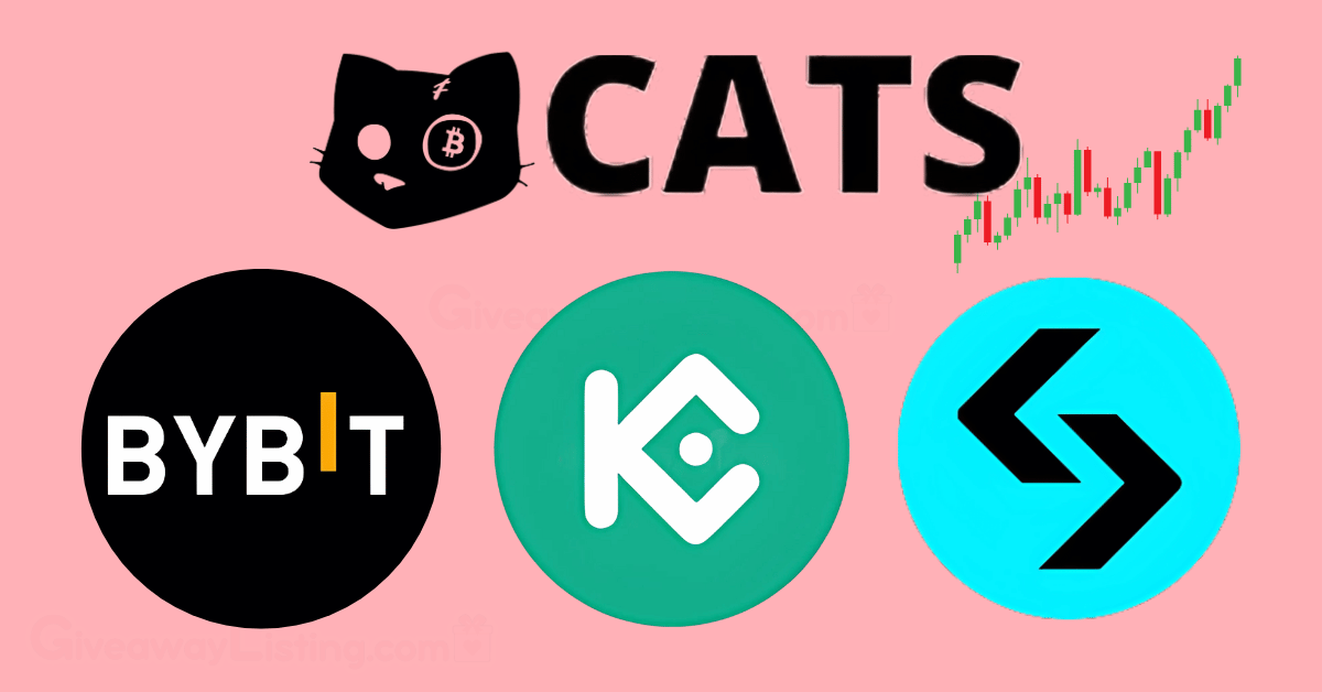 the CATS logo with Bybit, Kucoin, and Bitget logos in a light pink background, representing the $CATS exchange listing.