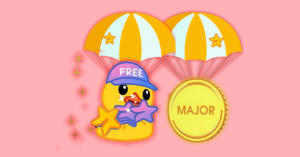 MAJOR of Telegram coin and emoji floating on an airdrop parachute.