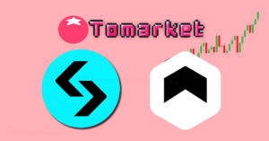 the Tomarket logo with Bitget and Nordom exchange logos in a light pink background representing the Tomarket exchange listing.