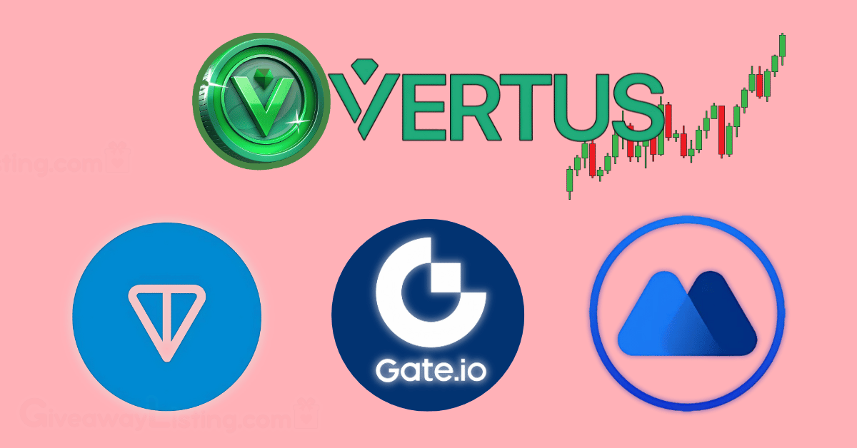 Vertus logo and a trading candlestick surrounded by TON, Gate.io, and MEXC logos.