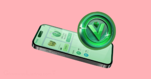 a smartphone with the Vertus game interface displayed on it and the VERT coin logo above it.