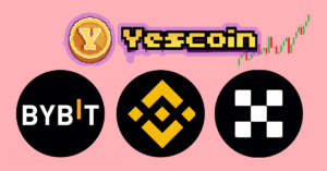 the Yescoin logo, with Bybit, Binance and OKX logos and candlesticks chart representing the yescoin exchange listing.
