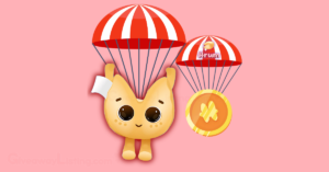 Hrum cookie character with the token and logo on a parachute representing the Hrum airdrop.