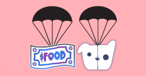 the Cats&Dogs $FOOD token and game logos on parachutes.