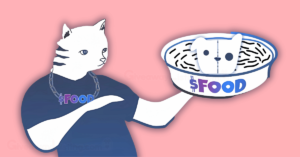 a Cats&Dogs character wearing a chain made of $FOOD and carrying a plate of the $FOOD token.