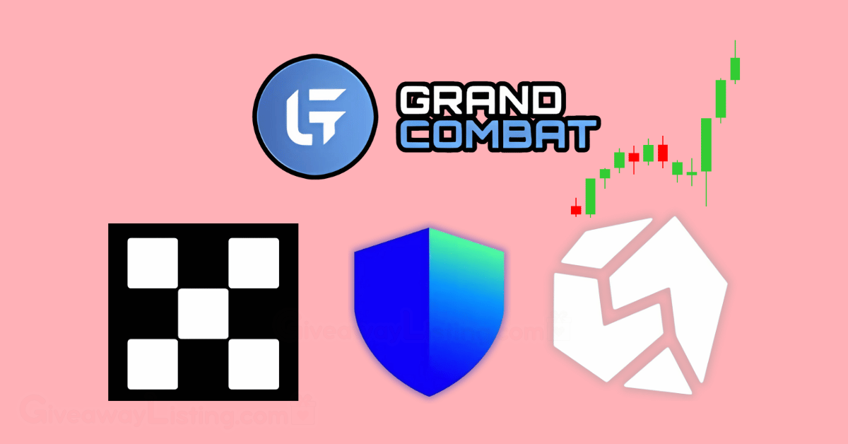 Grand Combat, OKX, Trust Wallet and StonFi logos with trading candlesticks by the side.