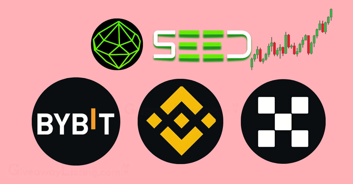 SEED logo and trading candlesticks with Binance, OKX, and Bybit logos.