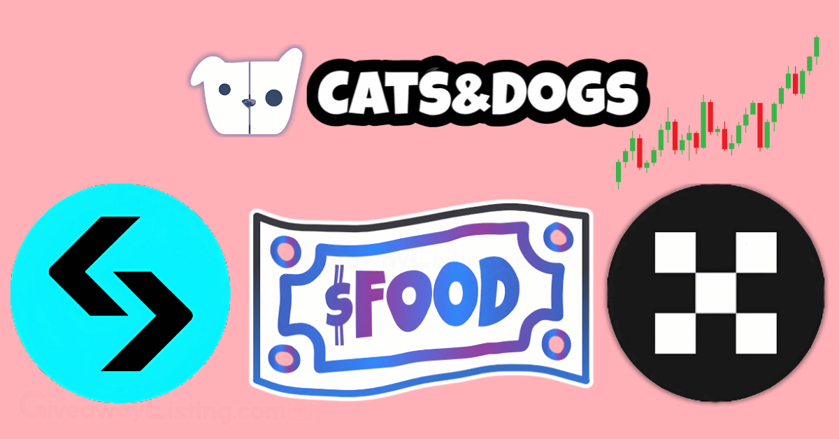Cats&Dogs, Bitget, and OKX logos with Cats&Dogs $FOOD token and trading candlesticks.