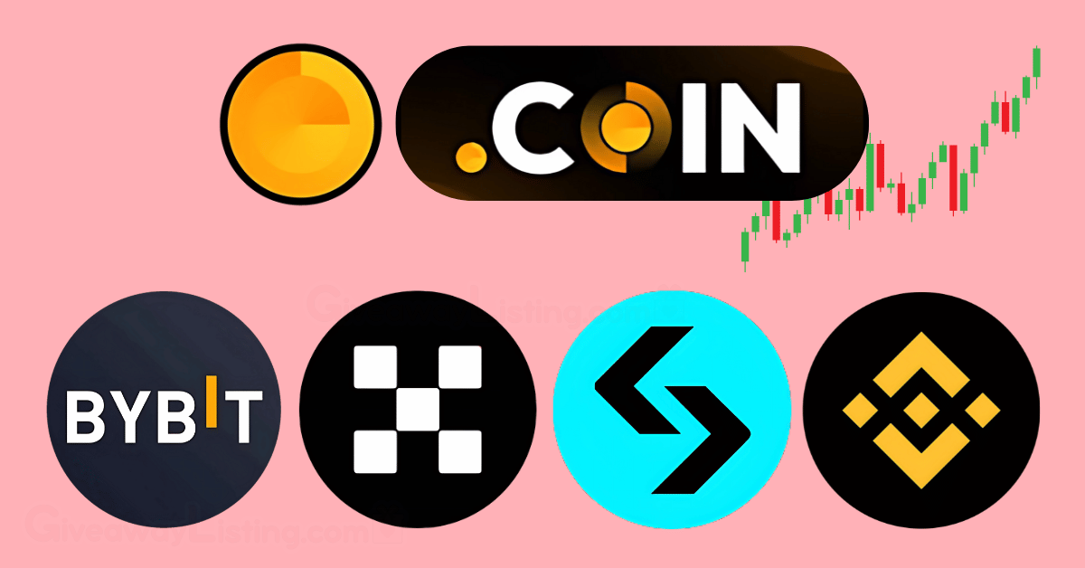 The Dotcoin logo, with Bybit, OKX, Bitget, and Binance logos on a light pink background.