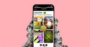 a phone with the screen showing displaying the AVACOIN game app features.