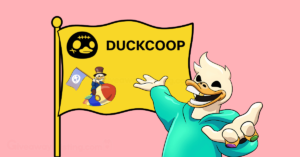 a Duckie showing a DuckCoop flag with the DuckCop logo and a game character displayed on it.