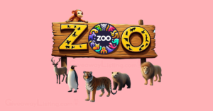 The Zoo telegram game logo in a wood signpost with different animals surrounding it.