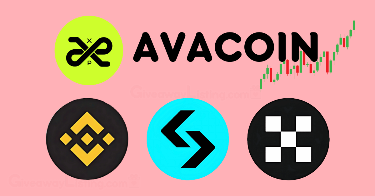 the AVACOIN token, with logos of top exchanges including Binance, Bitget and OKX.