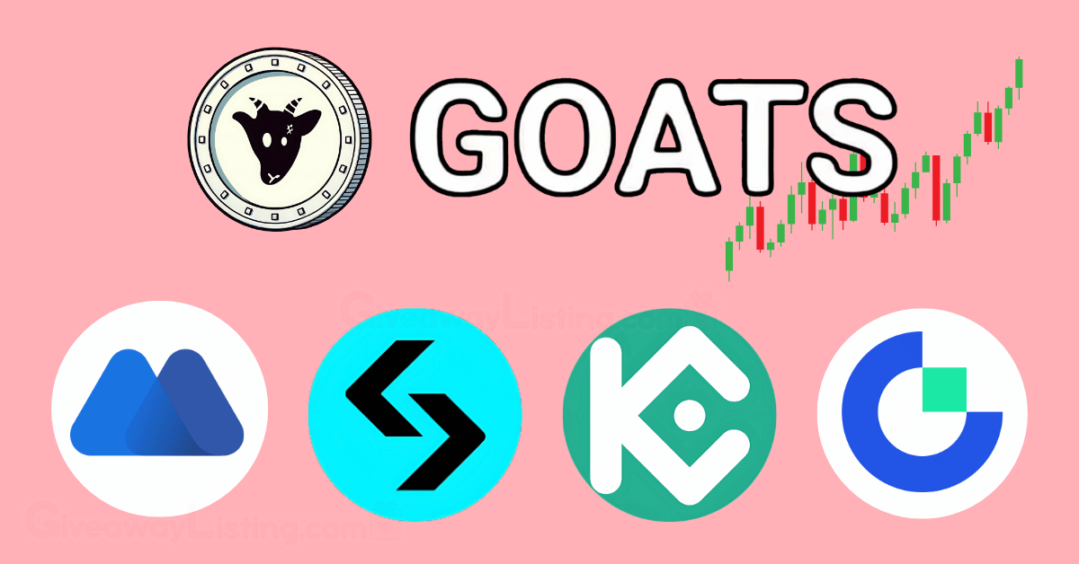 GOATS token and logo with trading candlesticks and MEXC, Bitget, KuCoin and Gate.io logos.