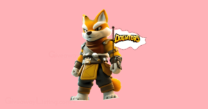 Dogiators game character holding a small flag containing the Dogiators logo