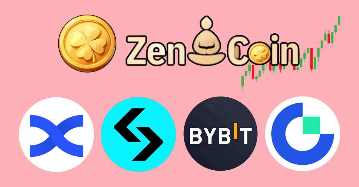 ZenCoin logo and token with BingX, Bitget, Bybit, and Gate.io logos.