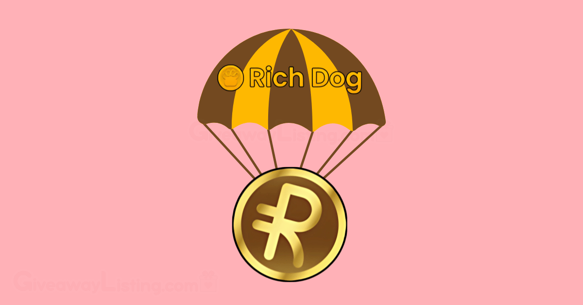 A parachute with the Rich Dog logo embedded on it and the $RICH token hanging on it.