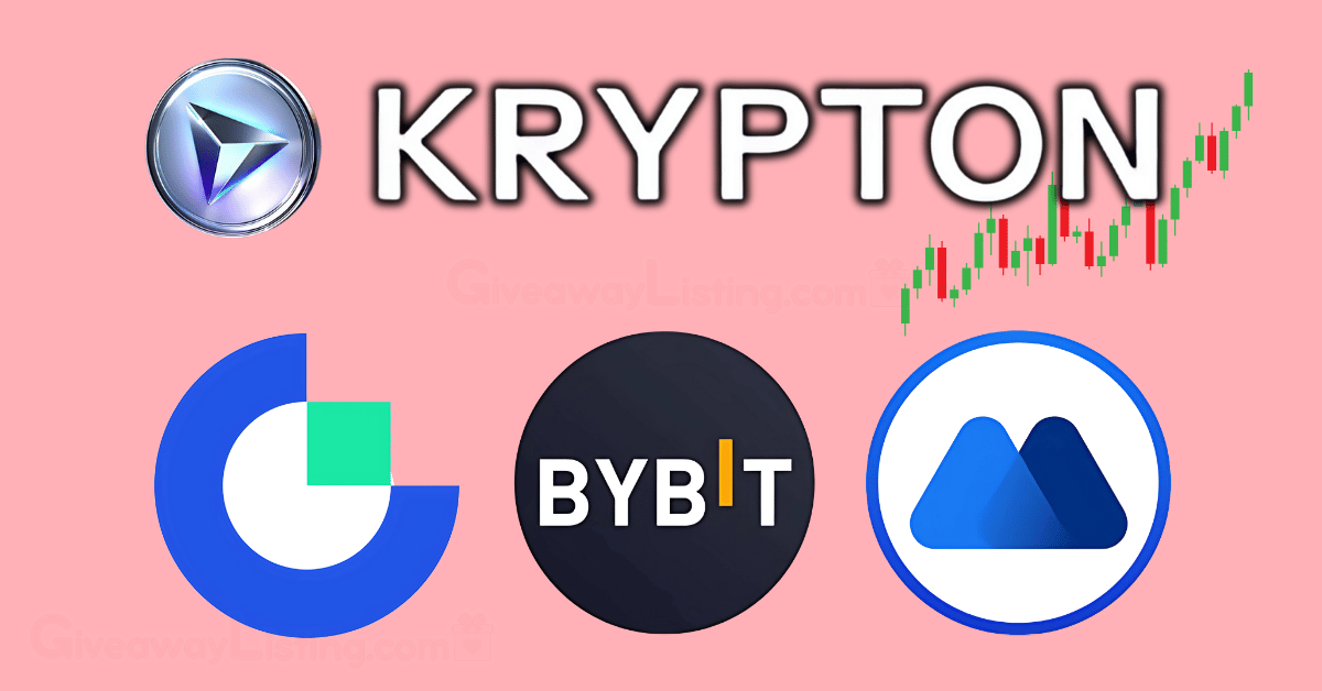 Krypton logo and trading candlesticks with Gate.io, Bybit, and MEXC logos on a light pink background.