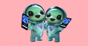 Two Krypton Alient ro bots holding phones displaying the Krypton spin wheel.