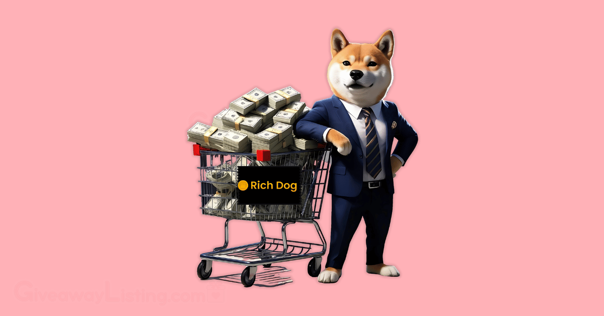 a rich dog standing beside a trolley filled with cash and the Rich Dog logo pasted on the trolley.