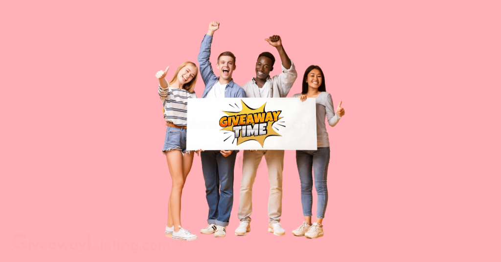 a group of teenagers holding a banner that reads 'Giveaway Time.'