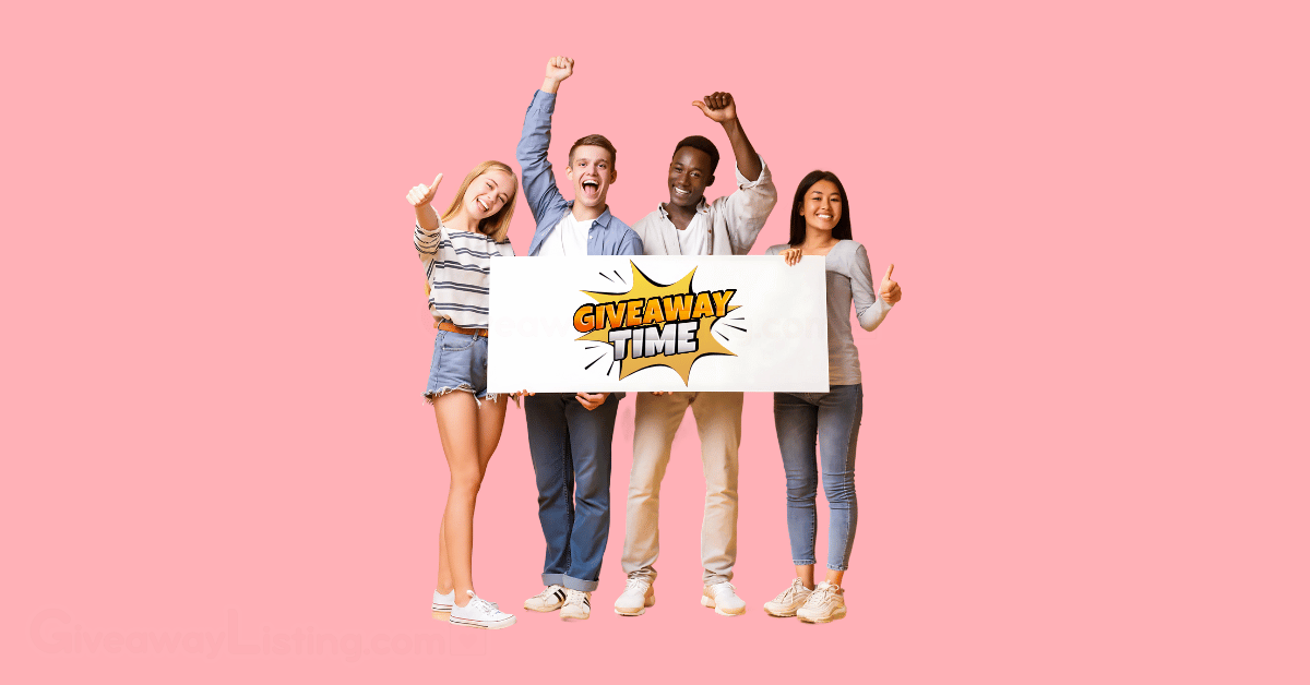 a group of teenagers holding a banner that reads 'Giveaway Time.'