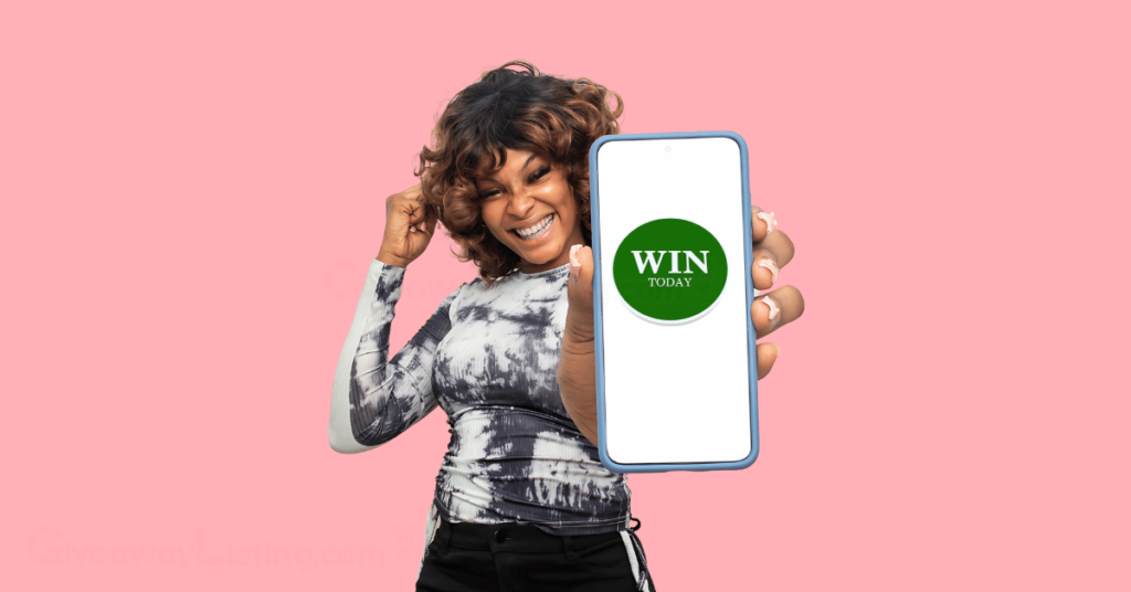 a young woman holding out her phone showing the text 'Win Now!'