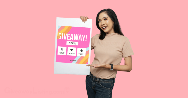 a person holding a printed, large, stylized Instagram giveaway template indicating a giveaway.