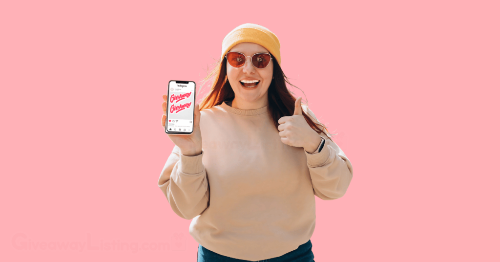 a woman holding her phone with her Instagram feed showing an Instagram giveaway post.