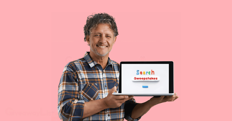 a person holding a laptop with "Sweepstakes" showing on the screen.