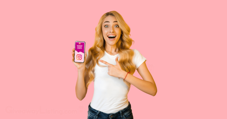 a woman excitedly showing an example of an Instagram giveaway on her phone