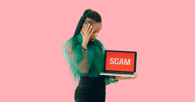 a young woman holding her laptop with one hand, with the laptop displaying 'SCAM' and the other hand holding her head