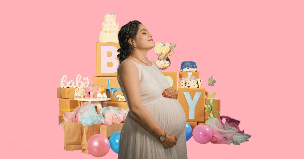 a pregnant woman posing for a photo during her baby shower, with balloons and baby shower decor in the background.