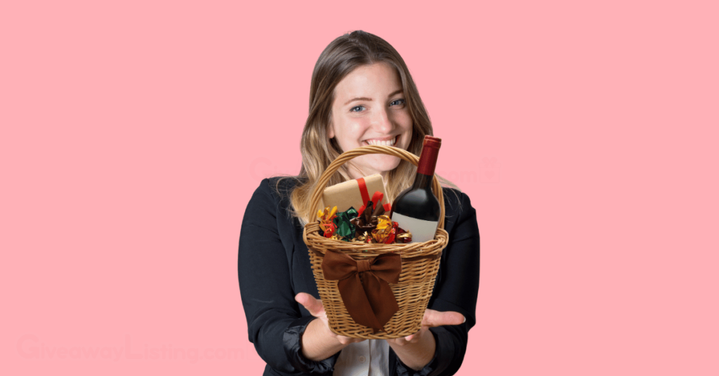 a woman happily holding a raffle gift basket.