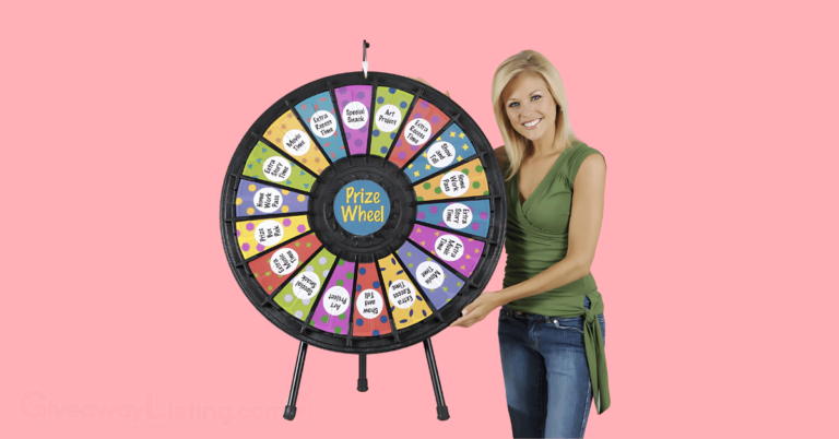 a salesperson holding a prize wheel on a light pink background.