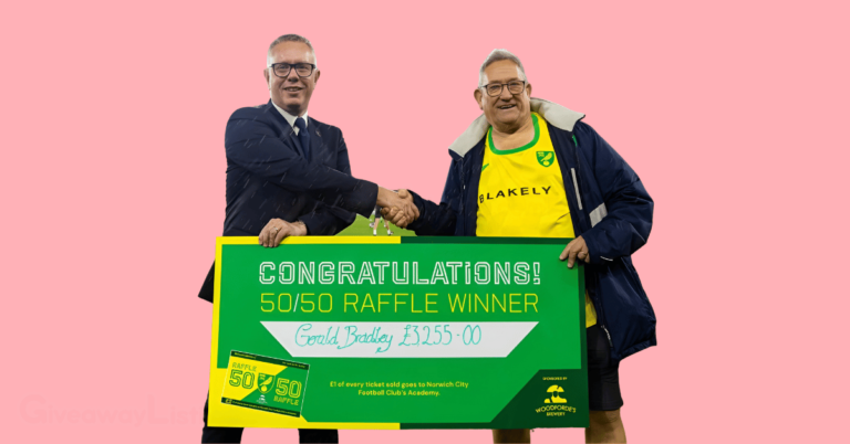 winner of a 50/50 raffle with a staff and the raffle winners cheque.