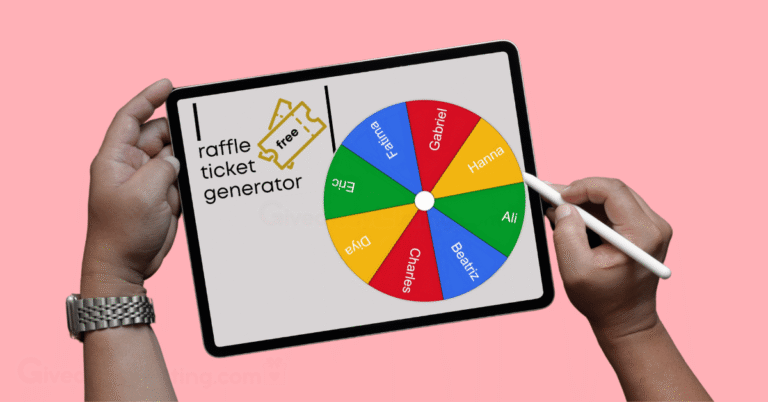 a person's hands holding a mobile tablet with the screen showing a raffle generator and wheel online.