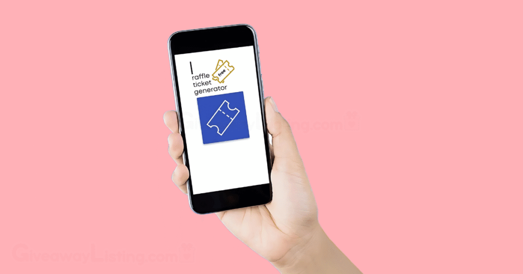 a person's hand holding a phone with the phone screen showing a raffle generator online.