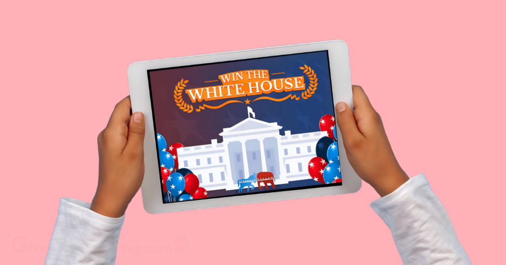 a child's hands holding a mobile tablet with the screen showing the 'Win the White House' game.